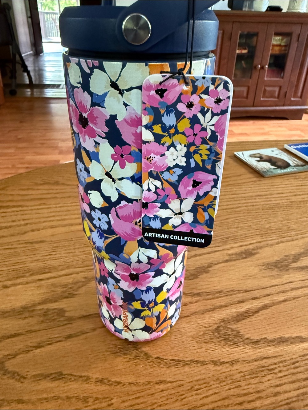 Floral Stainless Tumbler in Navy with Pink & White Blooms